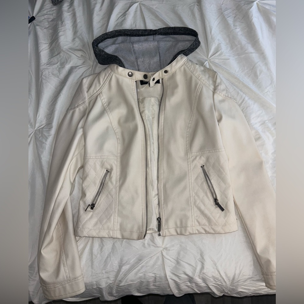 Beige pleather jacket with hoodie. 
Good  can fit s\M